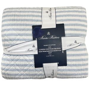 Brooks Brothers Linen Cotton King Blue and White Striped Quilt 106”x92”